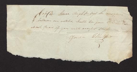 Note from J. Mulford to Capt. Dominy, regarding debt of Isaac Right