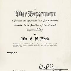War Department commendation for President Fred