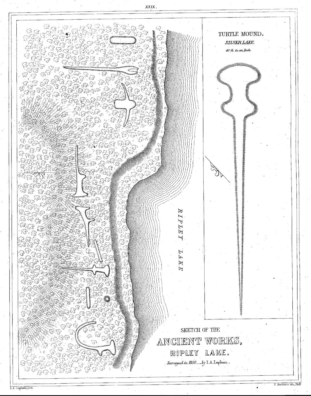 XXIX. Sketch of the Ancient Works, Ripley Lake. Surveyed in 1850&mdash;by I. A. Lapham. / Turtle Mound, Silver Lake. 40 ft. to an Inch.