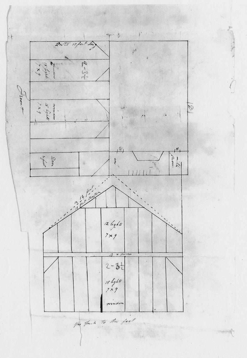 Black and white photograph of a plane and elevation drawn by Nathaniel Dominy IV for a house.