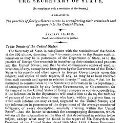 Report of the Secretary of State, (in compliance with a resolution of the Senate,) in relation to the practice of foreign governments in transferring their criminals and paupers into the United States