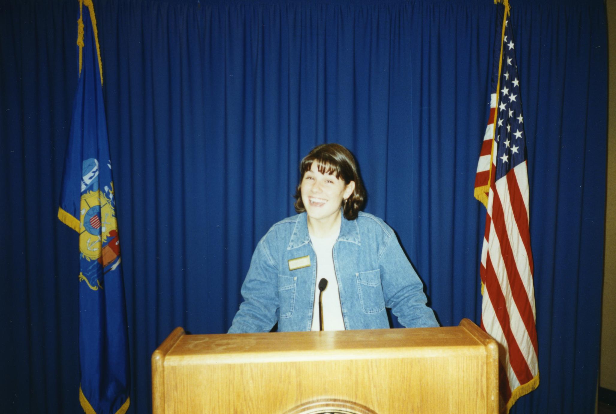 Stout Student Association, Lisa Huss standing at podium