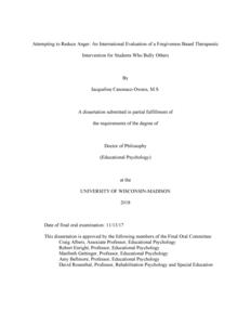 Attempting to Reduce Anger: An International Evaluation of a Forgiveness Based Therapeutic Intervention for Students Who Bully Others