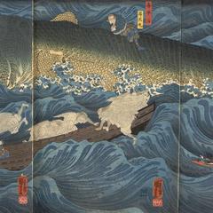 Tametomo Shipwrecked by a Giant Fish is Rescued by Tengu