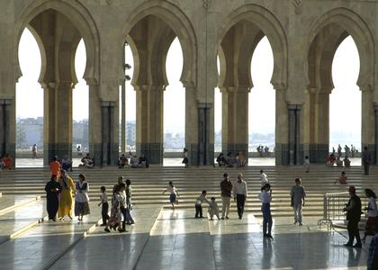 Visitors and View of Waterfront City from Hassan II Mosque in Casablanca Completed in 1993