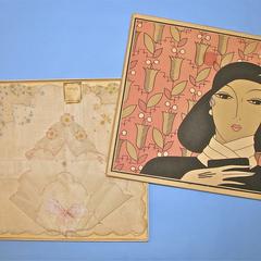 Three handkerchiefs with art deco woman on box