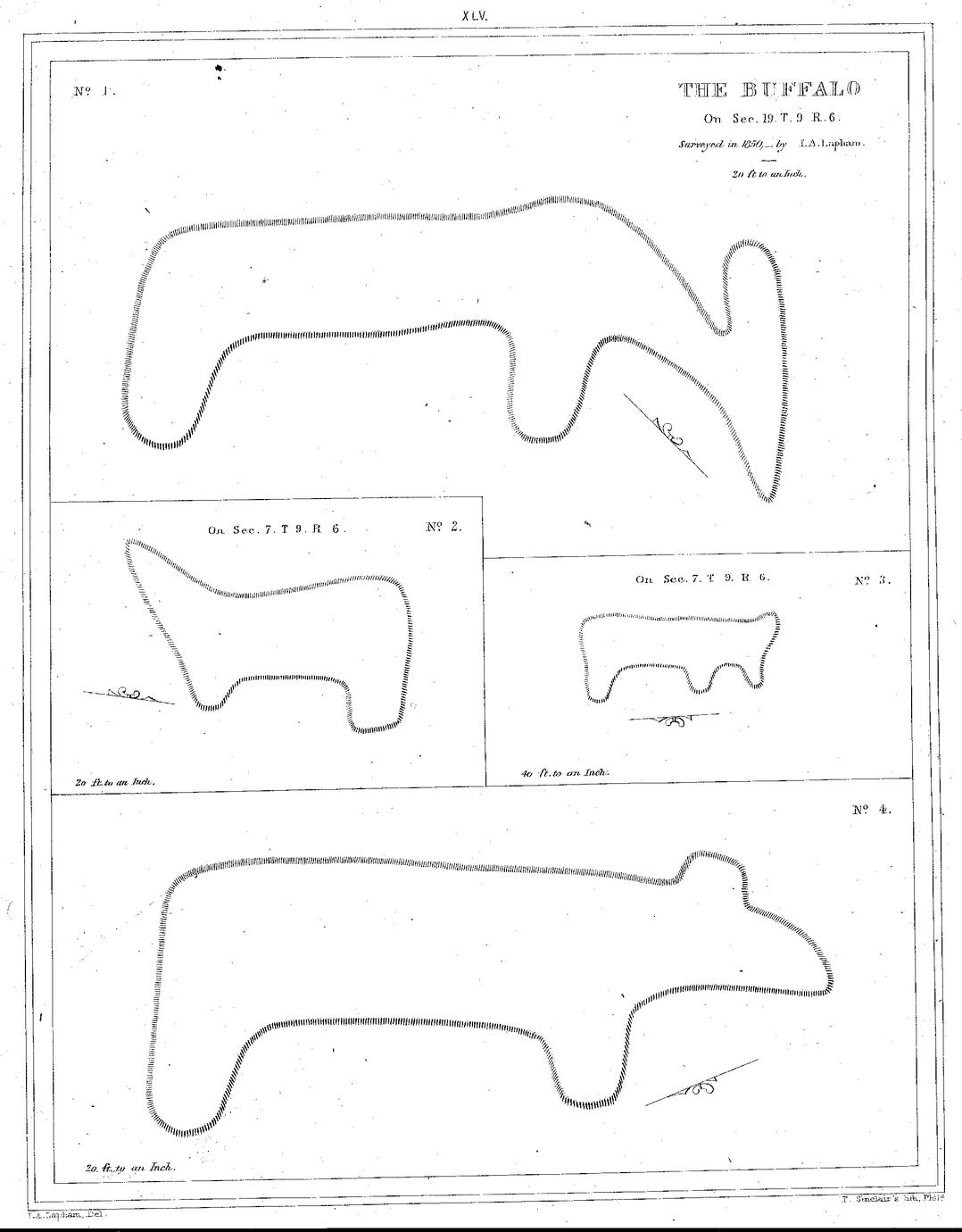 XLV. The Buffalo On Sec. 19. T. 9. R. 6. Surveyed in 1850,&mdash;by I. A. Lapham. 20 ft to an Inch. / No. 2. On Sec. 7. T 9. R 6. 20 ft. to an Inch. / No. 3. On Sec. 7. T 9. R 6. 40 ft. to an Inch. / No. 4. 20 ft. to an Inch.