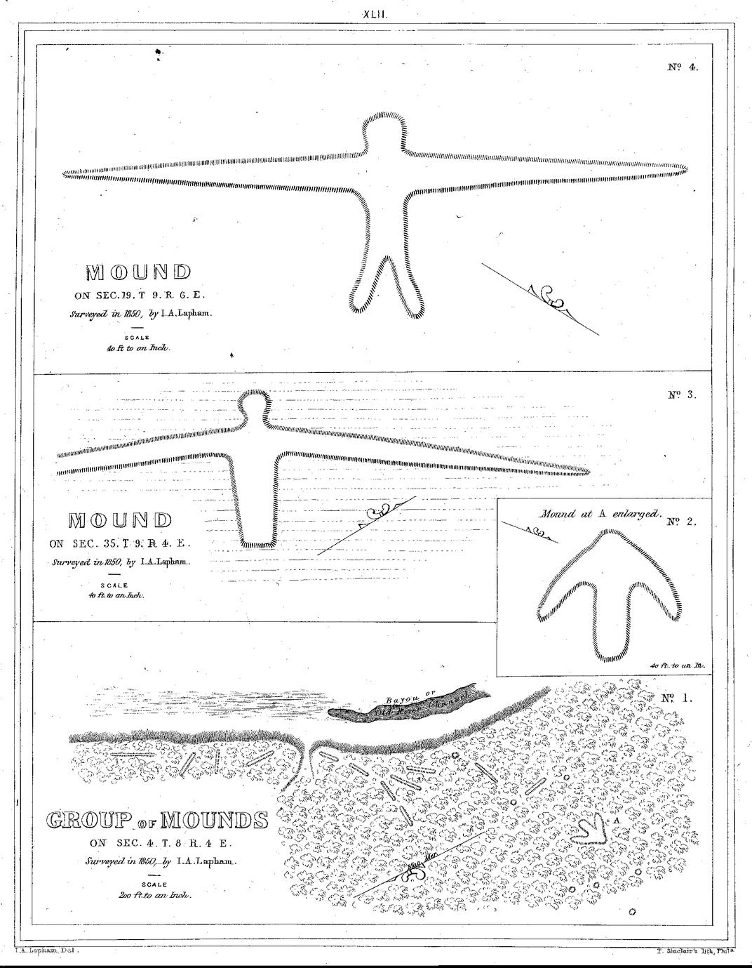 XLII. Group of Mounds on Sec. 4. T. 8 R. 4 E. Surveyed in 1850,&mdash;by I. A. Lapham. Scale 200 ft. to an Inch. / No. 2. Mound at A enlarged. 40 ft. to an In. / No. 3. Mound on Sec. 35. T 9. R 4. E. Surveyed in 1850, by I. A. Lapham. Scale 40 ft. to an Inch. / No. 4. Mound on Sec. 19. T 9. R 6. E. Surveyed in 1850, by I. A. Lapham. Scale 40 ft to an Inch.