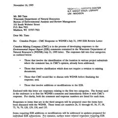 Crandon Mining Company responses to selected Wisconsin Department of Natural Resources July 31, 1995 comments on the Crandon Mining Company environmental impact report