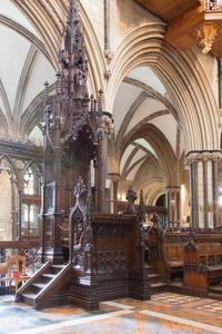 Worcester Cathedral interior choir with bishop's chair