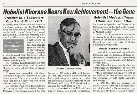 Dr. Har Gobind Khorana newspaper feature