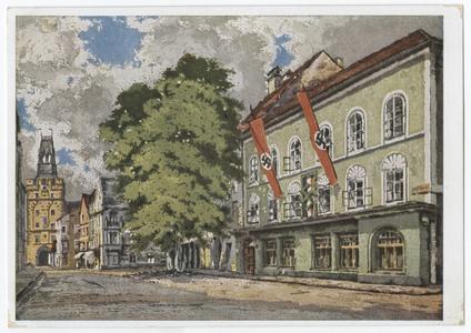 [Painting of Hitler's birthplace bedecked with Nazi banners]