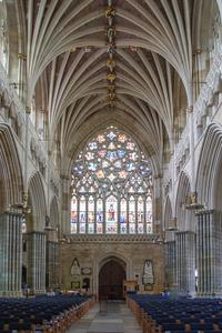 Exeter Cathedral interior nave looking towards the great west window.