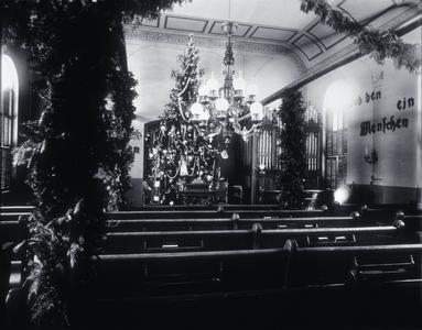 Old Moravian Church interior with Christmas tree