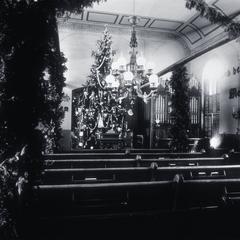 Old Moravian Church interior with Christmas tree