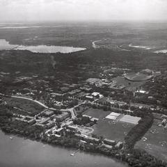 Aerial view of Lakeshore residence halls and Camp Randall