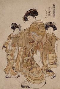 The Courtesan Karauta of the Ogi Establishment with Two Kamuro, from the series First Patterns of the Young Greens