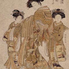 The Courtesan Karauta of the Ogi Establishment with Two Kamuro, from the series First Patterns of the Young Greens