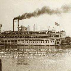 Magnificant Excursion Str. J.S. which burned on the evening of June 25, 1910. 1100 people were safely landed. Only two lives were lost. The burned hull of the boat lies in the bottom of the Mississippi River in the Bad Axe Bend bewteen Genoa and Victory, Wis.