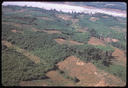 Huayxay : air views--cleared fields and Mekong River