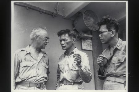 Dr. J. R. Hayden meets Col. R. A. Kangleon, leader of guerrilla forces, Leyte, 1944