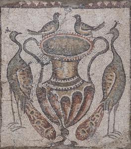 Mosaic of Amphora, with Doves on Rim, Flanked by Peacocks