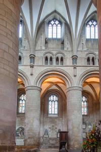 Gloucester Cathedral interior nave north wall arcade, triforium and clerestory