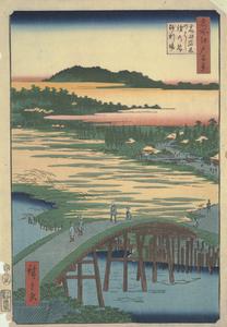 Sugatami Bridge, Omokage Bridge and the Gravel Pit at Takata, no. 116 from the series One-hundred Views of Famous Places in Edo