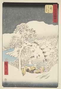 Snow at Yamanaka Village, Formerly Known as Mt. Miyaji, near Fujikawa, no. 38 from the series Pictures of the Famous Places on the Fifty-three Stations (Vertical Tokaido)