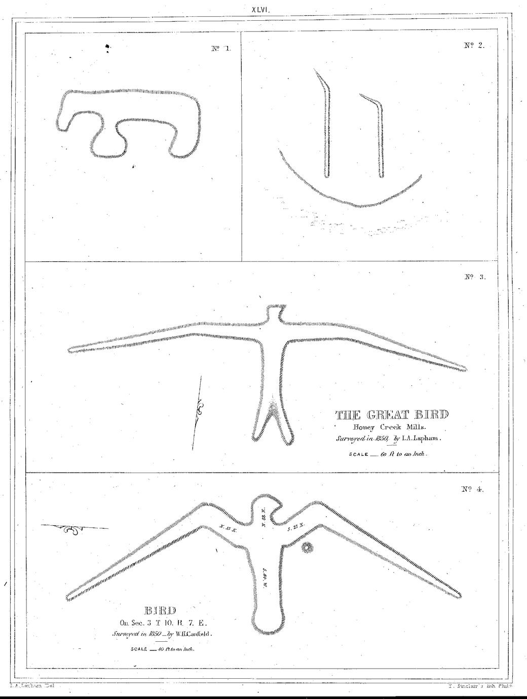XLVI. No. 1. / No. 2. / No. 3. The Great Bird Honey Creek Mills. Surveyed in 1850, by I. A. Lapham. Scale&mdash;60 ft to an Inch. / No. 4. Bird On Sec. 3 T 10. R. 7. E. Surveyed in 1850&mdash;by W. H. Canfield. Scale&mdash;40 ft to an Inch.