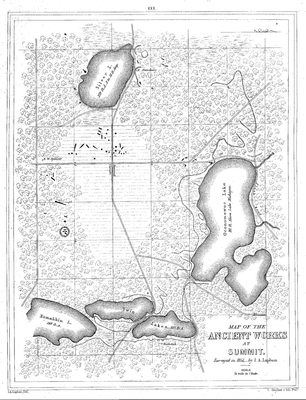 XXX. Map of the Ancient Works at Summit. Surveyed in 1851,&mdash;by I. A. Lapham. Scale &frac12; mile to 1 Inch.