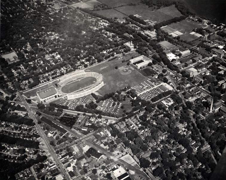 Aerial view of stadium and Fieldhouse - UWDC - UW-Madison Libraries