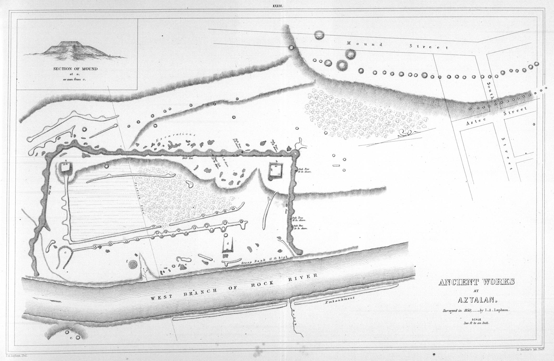 XXXIV. Ancient Works at Aztalan. Surveyed in 1850,&mdash;by I. A. Lapham. Scale 200 ft to an Inch.