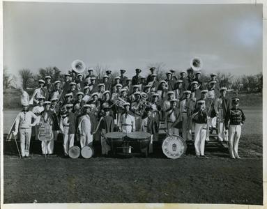 Stout Band group photograph at Burton E. Nelson football field