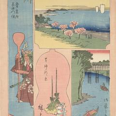 Ochanomizu, Souvenirs of the Shimmei Shrine Festival in Shiba, Bishamon Messenger at Atago Hill, and Benten Shrine at Susaki, from the series Harimaze of Pictures of Famous Places in Edo