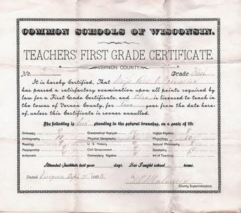 Rose Schuster teachers' first grade certificate