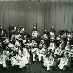Stout Band group photograph on stage, Director : Harold Cooke