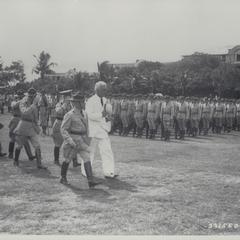 Paul McNutt reviews troops, Corregidor, 1937