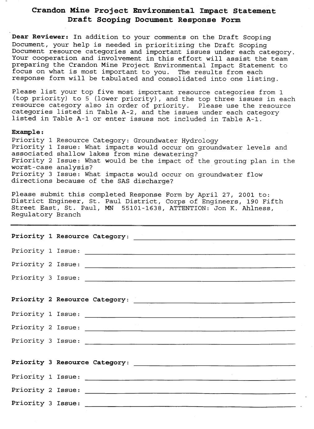 Crandon Mine Project environmental impact statement : draft scoping ...