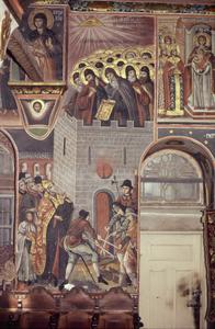 Zographou monastery fresco of the monastery's attack in 1275