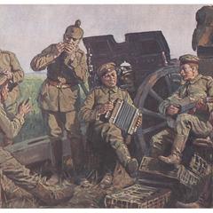 [Soldiers playing music]