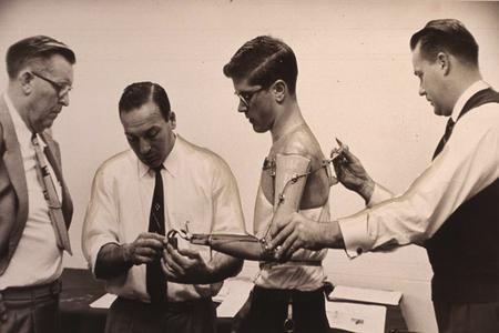 Prosthetic arm fitting at a Milwaukee, Wisconsin, clinic.