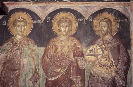 Fresco of three saints at St. George's chapel at Agiou Pavlou