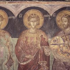 Fresco of three saints at St. George's chapel at Agiou Pavlou