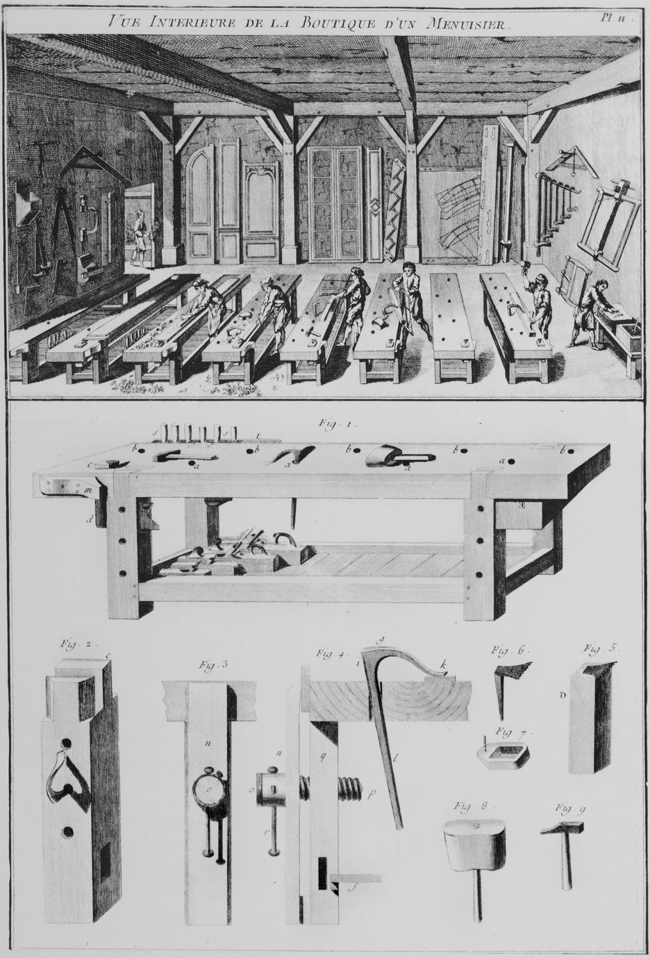 Print detailing the interior view of a woodworker's shop in the top portion, and the bottom portion showing various carpenter's benches and tools