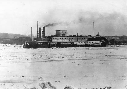 Side view of the James W. Good on icy Mississippi River