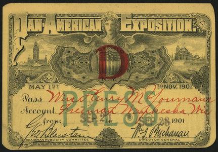Theodora Winton Youmans, press pass Pan-American Exposition (front)