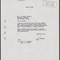 Letter from Dean L.H. Adolfson to J.E. Boell of University Archives, April 5, 1962