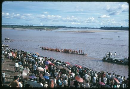 Boat races : rowing pirogues in mid-stream with crowd
