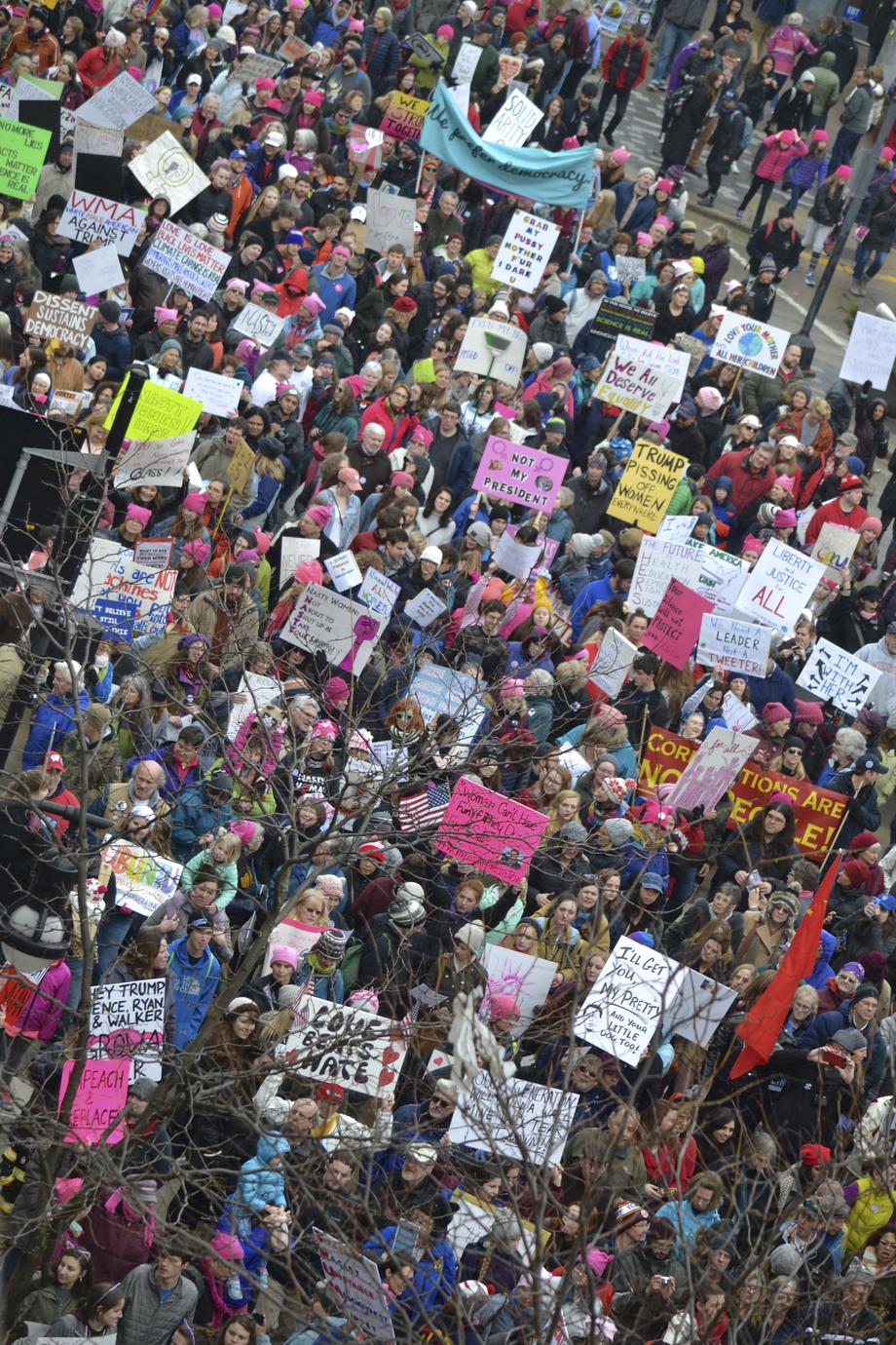 Overhead shot of protestors with various signs